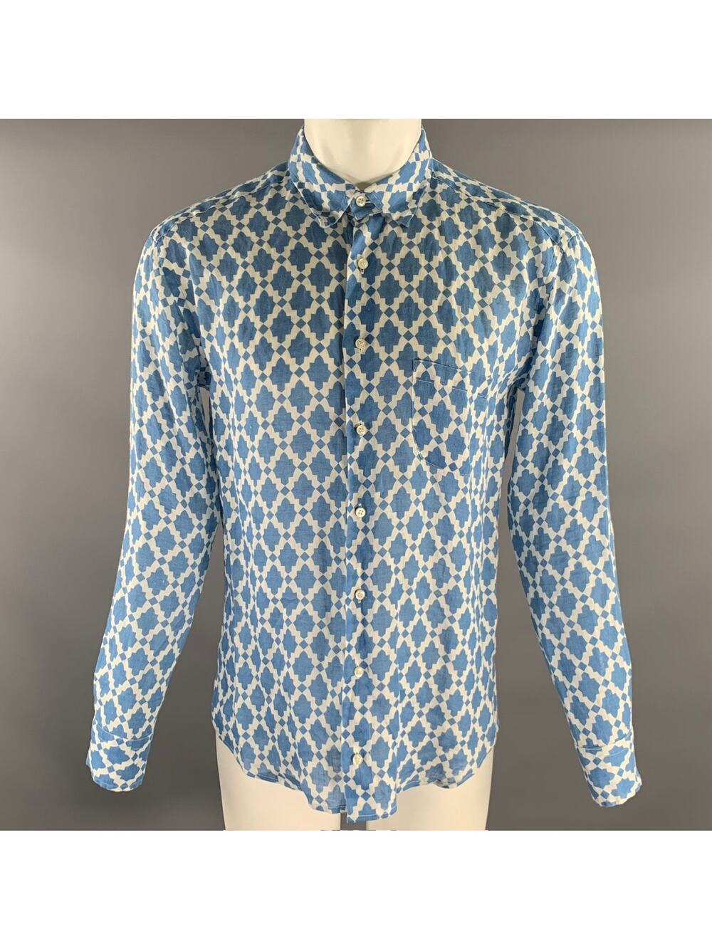 PENINSULA Size XL Blue White Geometric Linen Long Sleeve Shirt